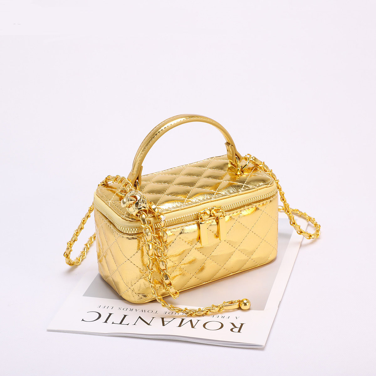 Free Shipping Worldwide luxury Women Shiny Gold Quilted Mini Box Bag Detachable Double Metal Chain Crossbody Purse