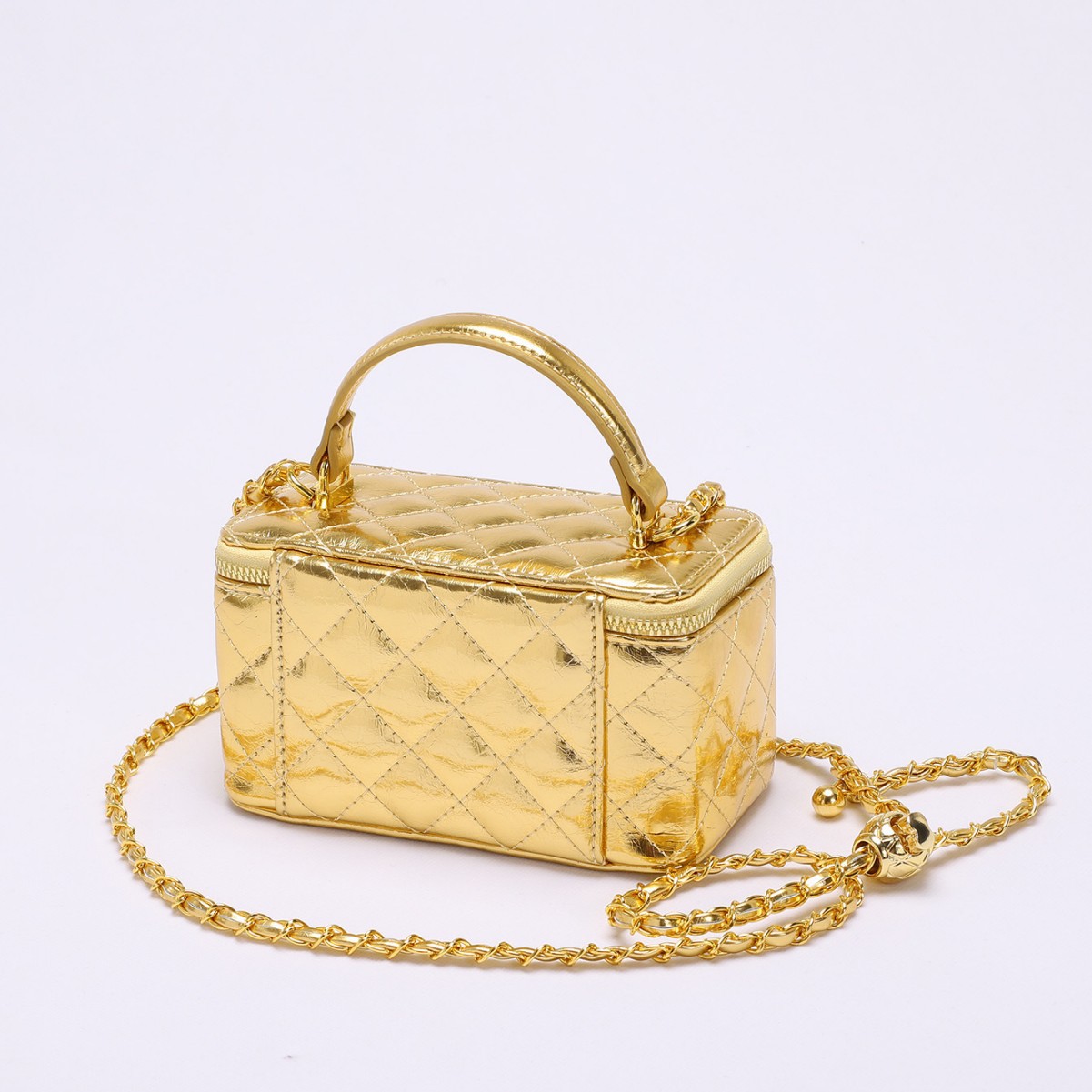 Free Shipping Worldwide luxury Women Shiny Gold Quilted Mini Box Bag Detachable Double Metal Chain Crossbody Purse new