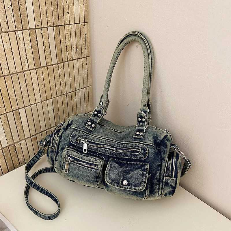 Vintage Washed Shoulder Bag Women Multi Pockets Zipper Crossbody Handbag Y2K Casual Large Capacity Denim Hobo Purse X260706