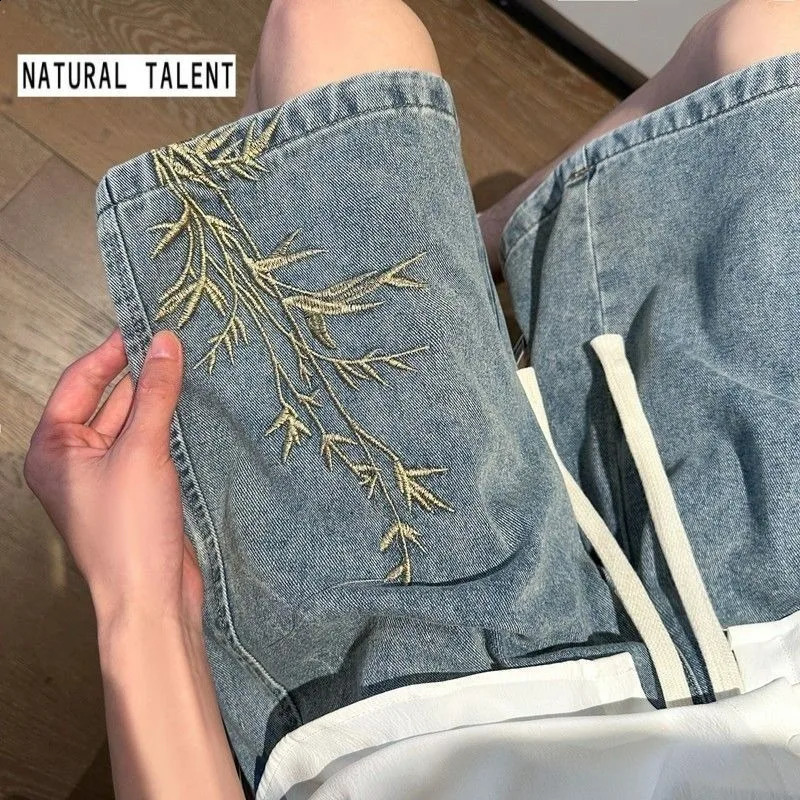 Mens 2026 Summer Retro Washed Chinese Style Embroidered Denim Shorts Thin Loose Plus Size Streetwear 5Pocket Pants 260630BANJIA