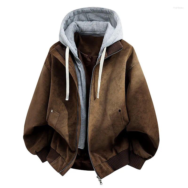 Men's Jackets Vintage Faux Suede Fake Two-Piece Hooded Jacket Casual Loose Zip Up Bomber Coat