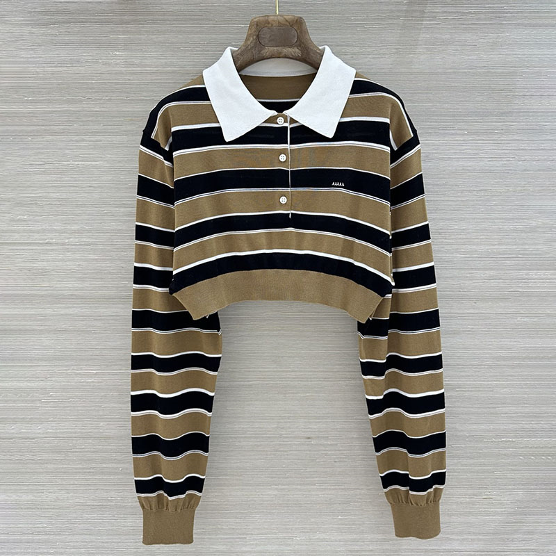 Designer Woman Vintage Knit Cropped Waist Polo Shirt Striped Letter Embroidered Versatile Top Spring Summer Daily Casual Outfits