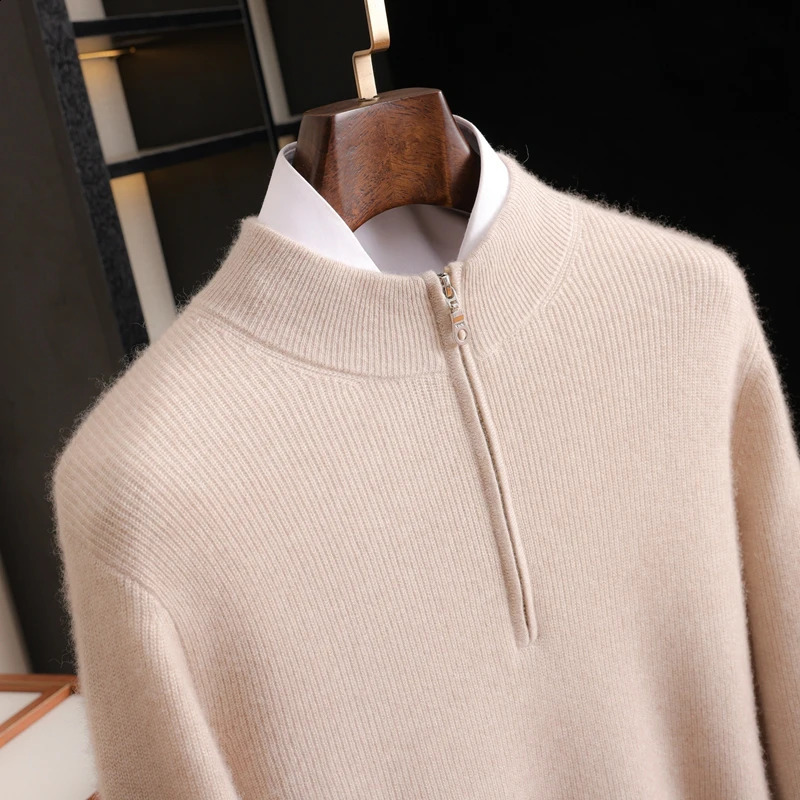 Mens 100 Cashmere Pullover Business Casual Knitted Sweater Mock Neck Jumper Trendy Streetwear Loose Fit Half Zipper Tops 260630BANJIA
