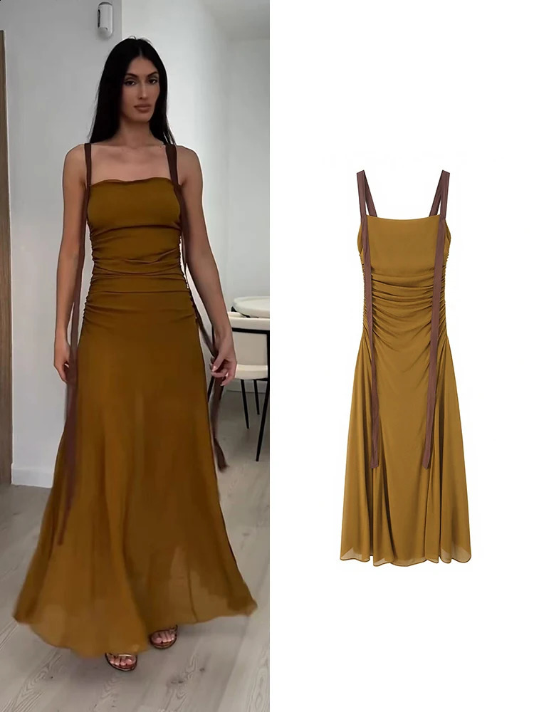 TFMLN Elegant Solid Pleated Sling Dress For Women Sexy Square Neck Sleeveless Slim Maxi Dresses 2026 Summer Female Party Evening 260706