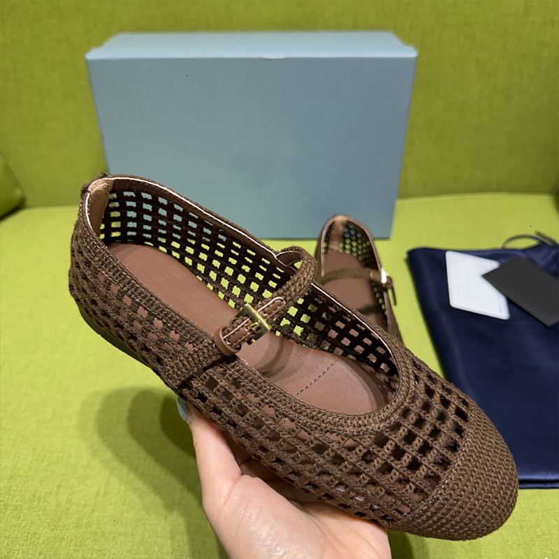 Ballerines au Crochet de haute qualité pour femmes, chaussures en tricot de styliste pour dames, sandales plates en maille tissée ajourée, bout c