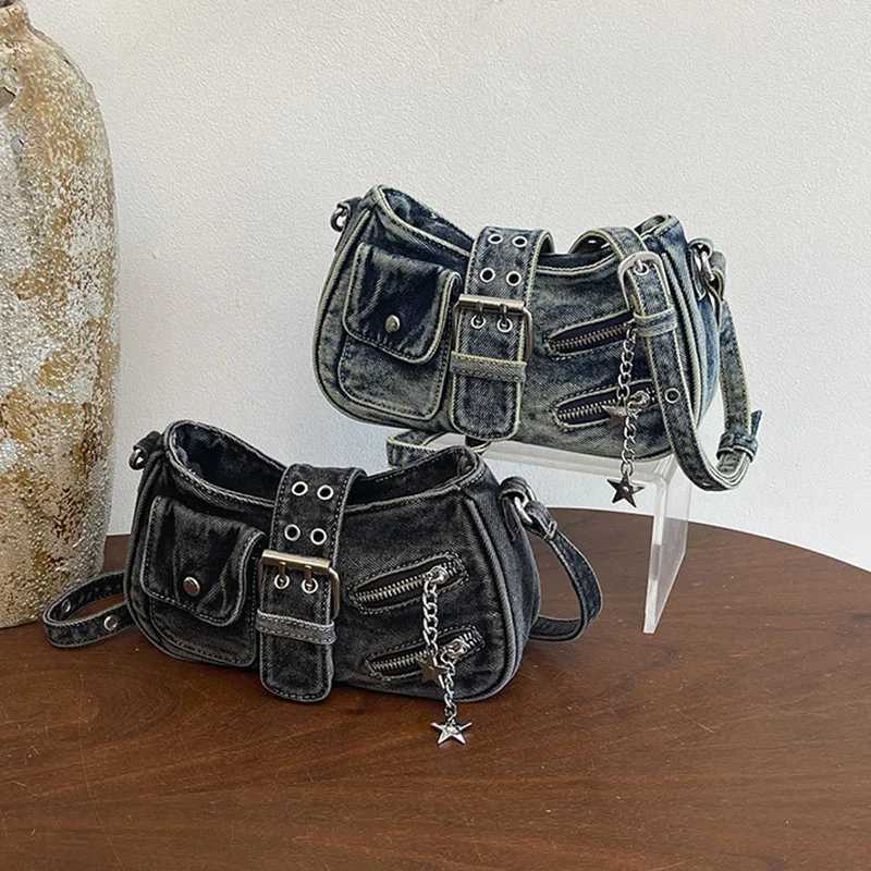 Retro Motorcycle Style Denim Crossbody Bag American Casual Fashion Multi Pocket Womens Washed Vintage Shoulder Bags X260706