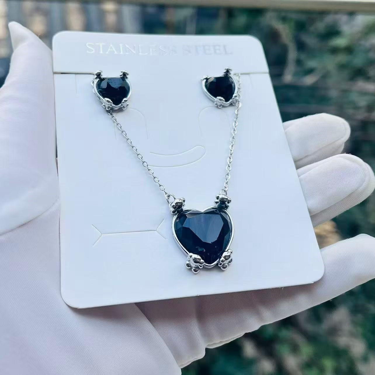 New Fashion Women Girls Silver Rose Gold Stainless Steel Span Bear Cartoon Animal Pink Green Black Heart Zircon Letter Pendant Earrings Jewelry A-image-1113784588