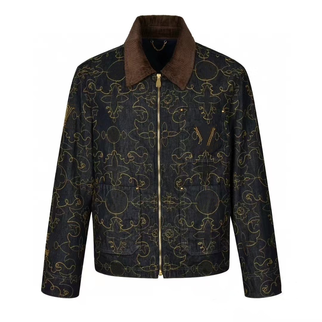 Designer Embroidery Zip up Vintage Washed Short Jacket Coat Monogram element Arabesque pattern embroidered denim workwear jacket