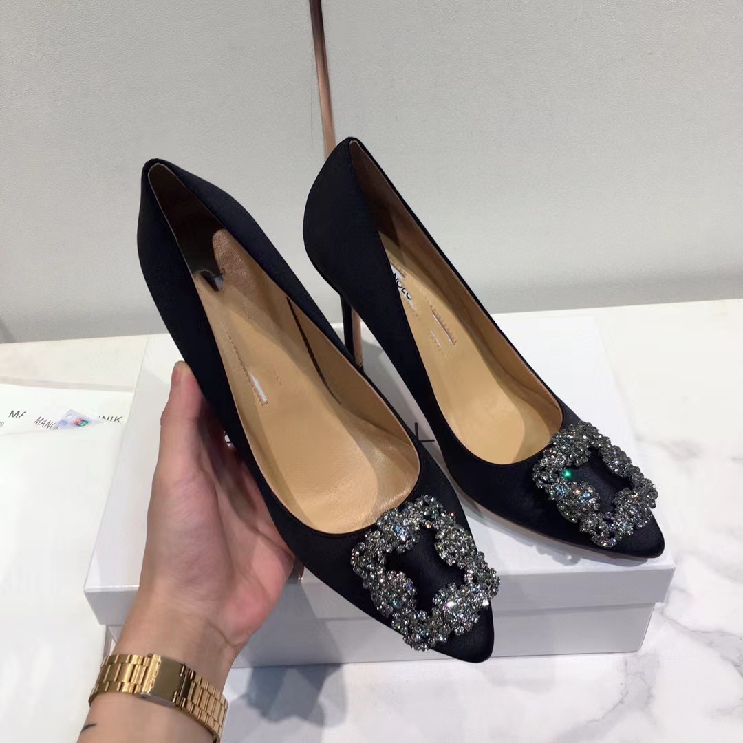 Hangisi chaussures habillées en Satin de luxe concepteur carré boucle en cristal pompes en Satin femmes bout pointu mince talons aiguilles miroir