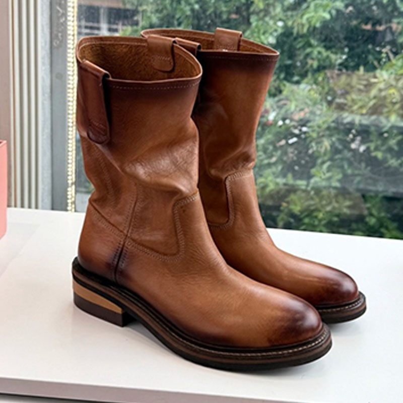 Botines vintage de cuero Foule para mujer, botas exquisitas con diseño de punta redonda y suave, suela de goma antideslizante, botas informales adec