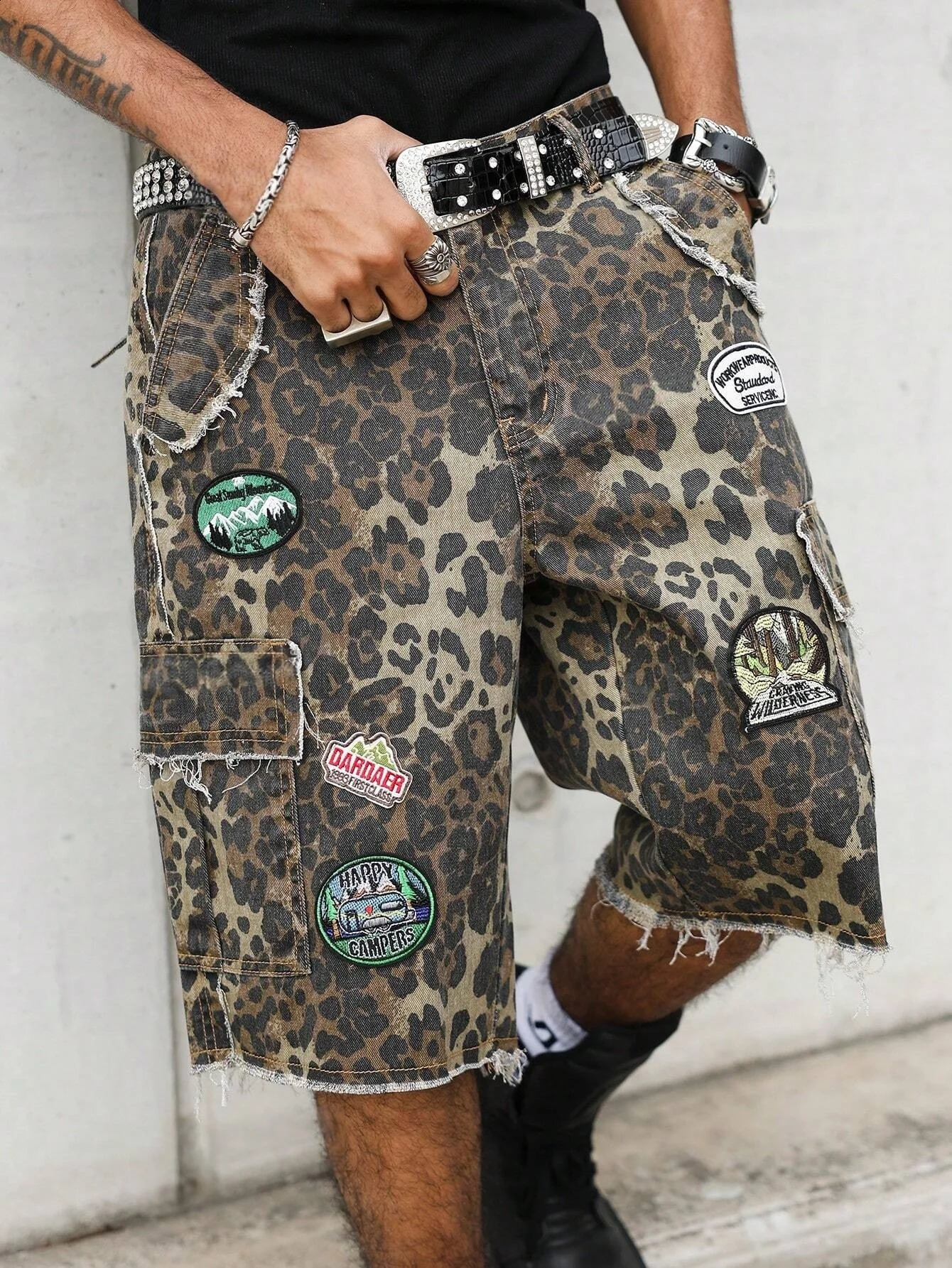 Mens Summer American Retro Leopard Patch Cargo Denim Shorts Loose WideLeg KneeLength 260630BANJIA