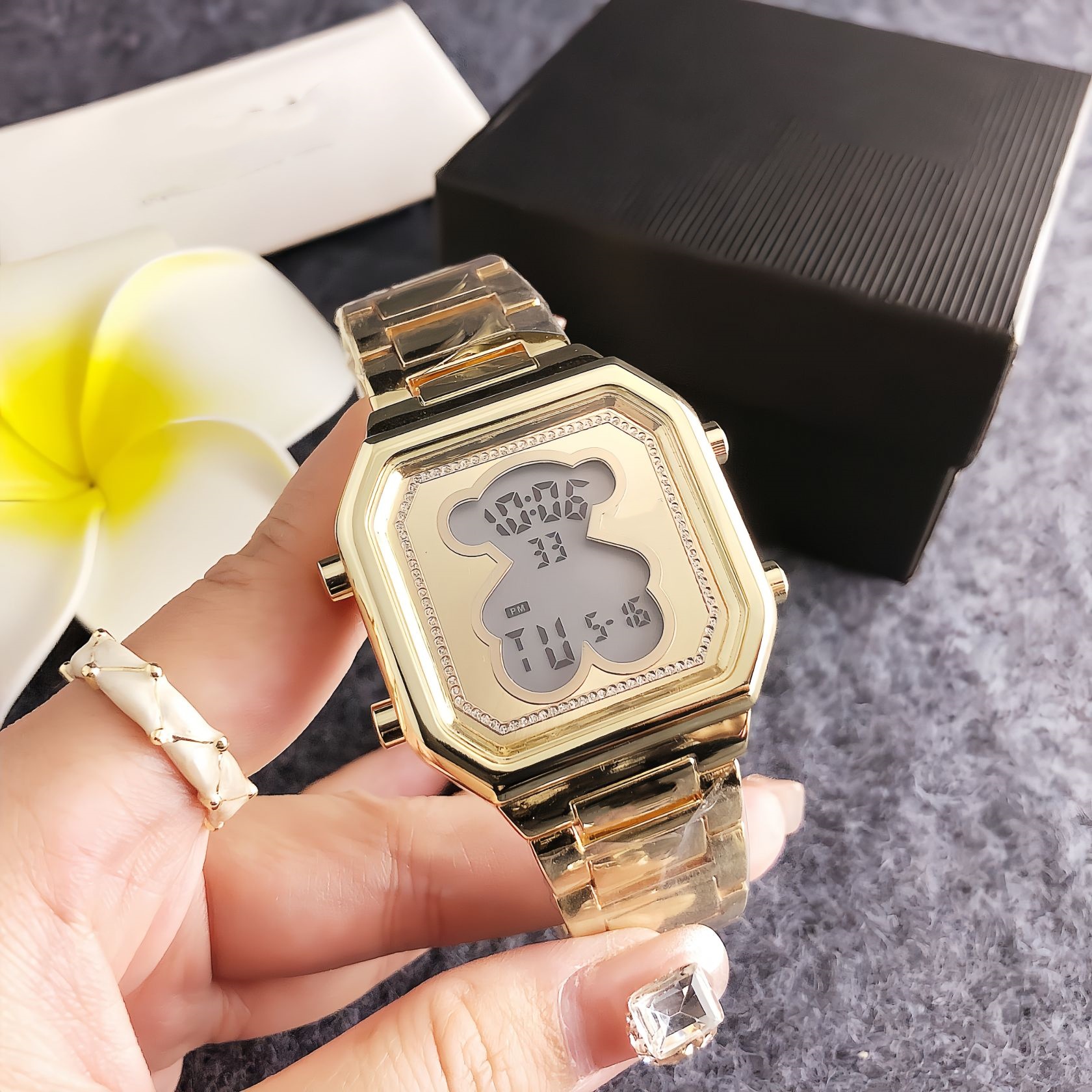 Hot Women Men Silver Rose Gold Stainless Steel White Zircon Glass Bear White Zircon Square Electronic Watch Pulsera Span Jewelry-image-1113790164