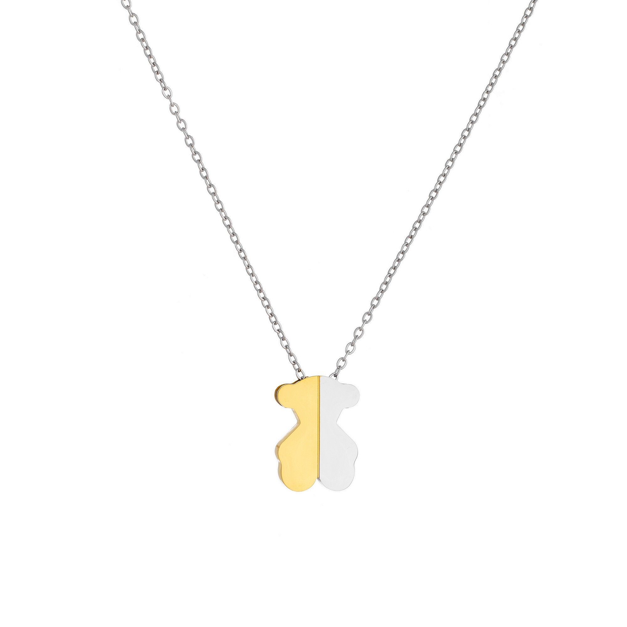 Fashion Women Men Silver Rose Gold Stainless Steel Span Bear Cartoon Animal Heart White Bead Chain Pendant Necklace Jewelry-image-1113788545