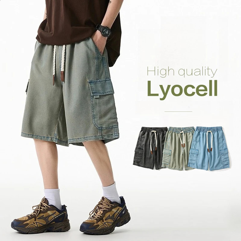 Mens Plus Size Lyocell Denim Cargo Shorts 2026 Summer Breathable Blue Loose Knee Length Streetwear Pockets M8XL 260630BANJIA