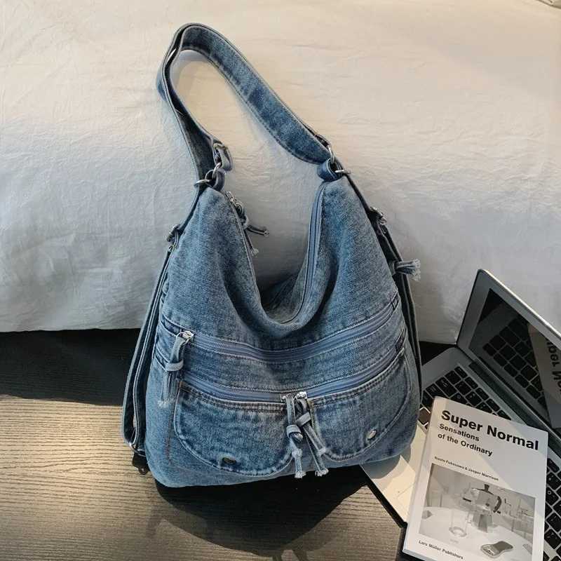 New Korean Style Shoulder for Women Vintage Washed Denim Crossbody Backpack Casual Multi Versatile High Texture Tote Bag X260706