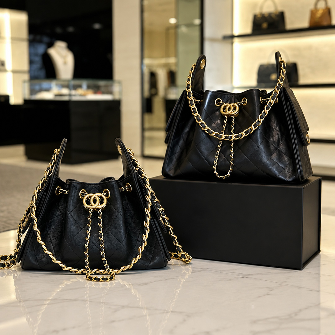 2026 Trend Styles, 25cm Designer Bags, Mini Drawstring Bags, Bucket Bags, Genuine Leather Bags, Black and Gold Chains, Tote Bags, Shoulder Bags, Fas