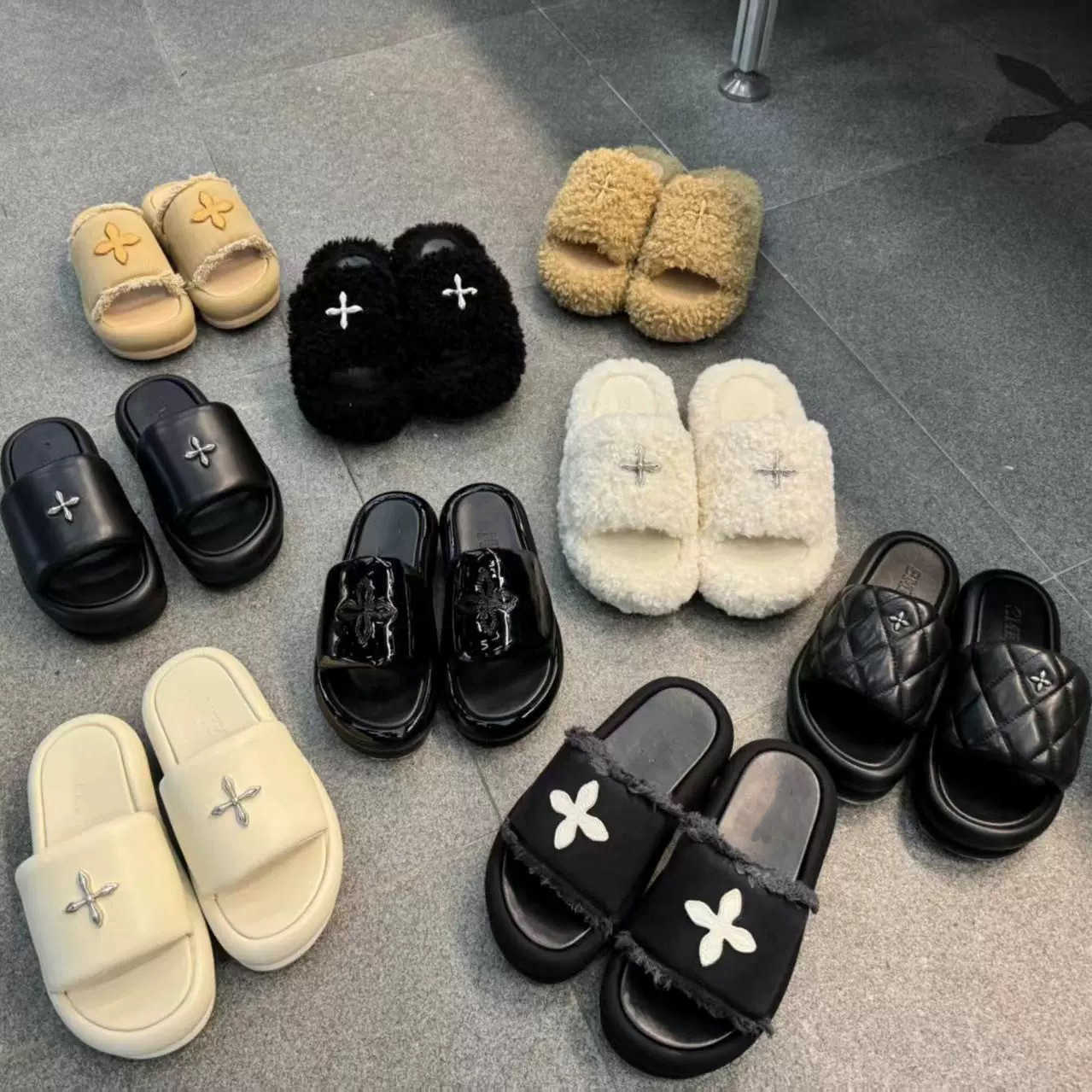 New SMFK black balloon slippers with a 5cm height increase thick-soled cross-pattern womens genuine leather slip-on sandals trendy for fashionable g