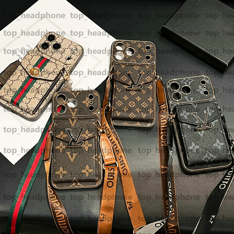 Designer Crossbody Wallet Phone Case For iphone17 Pro Max 16 15 13 12 14plus S26 S25 Ultra Crossbody Wallet Card Holder Gold Edging Luxury Lanyard I