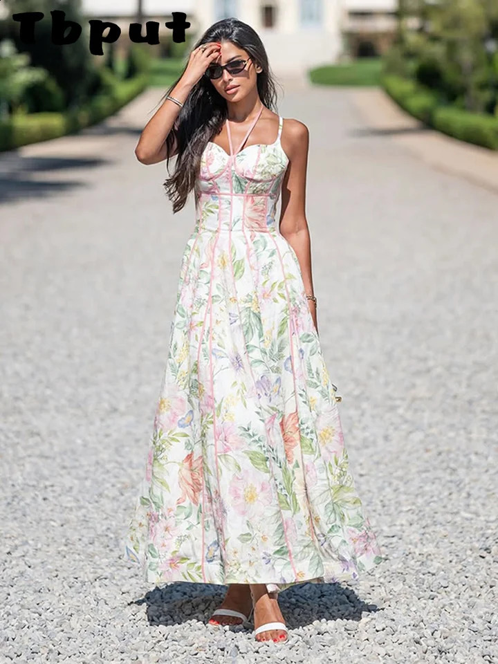 Elegant Printed Womens Dress Sleeveless Halter WaistClosed ALine Lady Dresses 2026 Spring Summer Fashion Female Vacation Robe 260707BJ