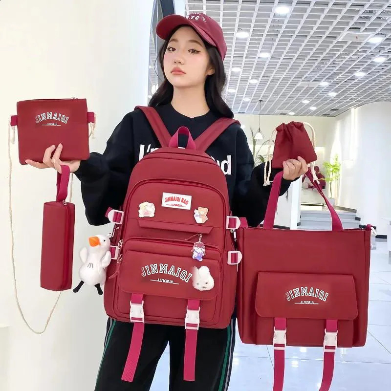 5-piece Set of Free Pendants Forest Style Korean Version Casual Harajuku Student Backpack for High School Girls Large Capacity 260707BJ