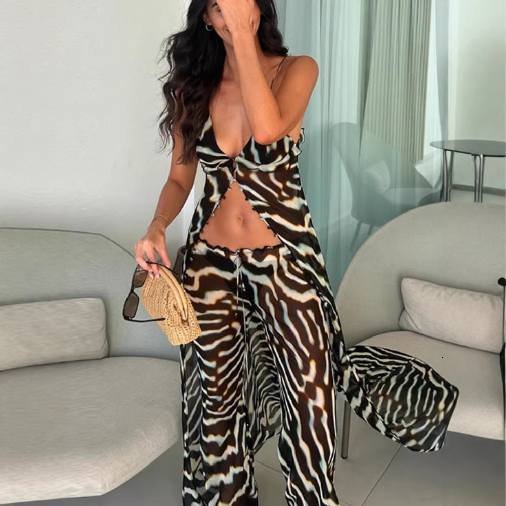 Zebra Print Sheer Mesh Two Piece Outfit Deep V Spaghetti Strap Slit Cover Up Top Drawstring Wide Leg Pants Beach Matching Set 71