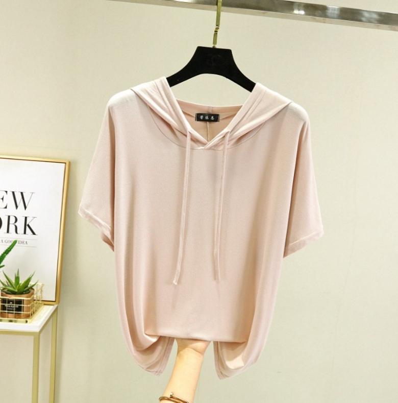 A312 Modal plus-size thin T-shirt for women summer solid color hooded short-sleeved sweatshirt-image-1113952587