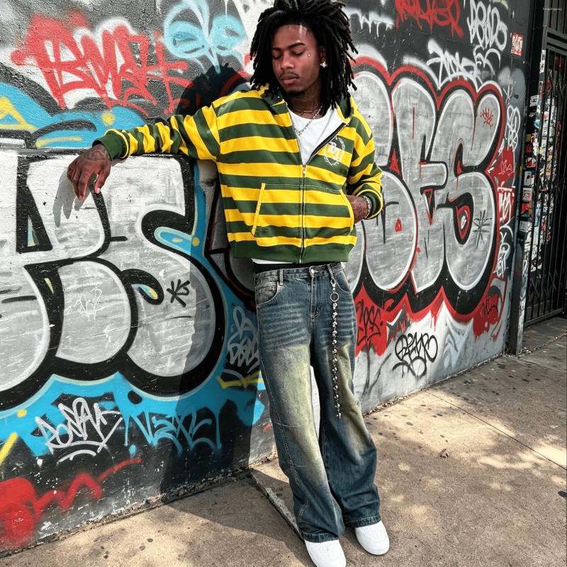 Men's Hoodies Men Casual Yellow And Green Striped Zip Up Hooded Sweatshirt American Streetwear Retro Campus Sports Style With Rivet