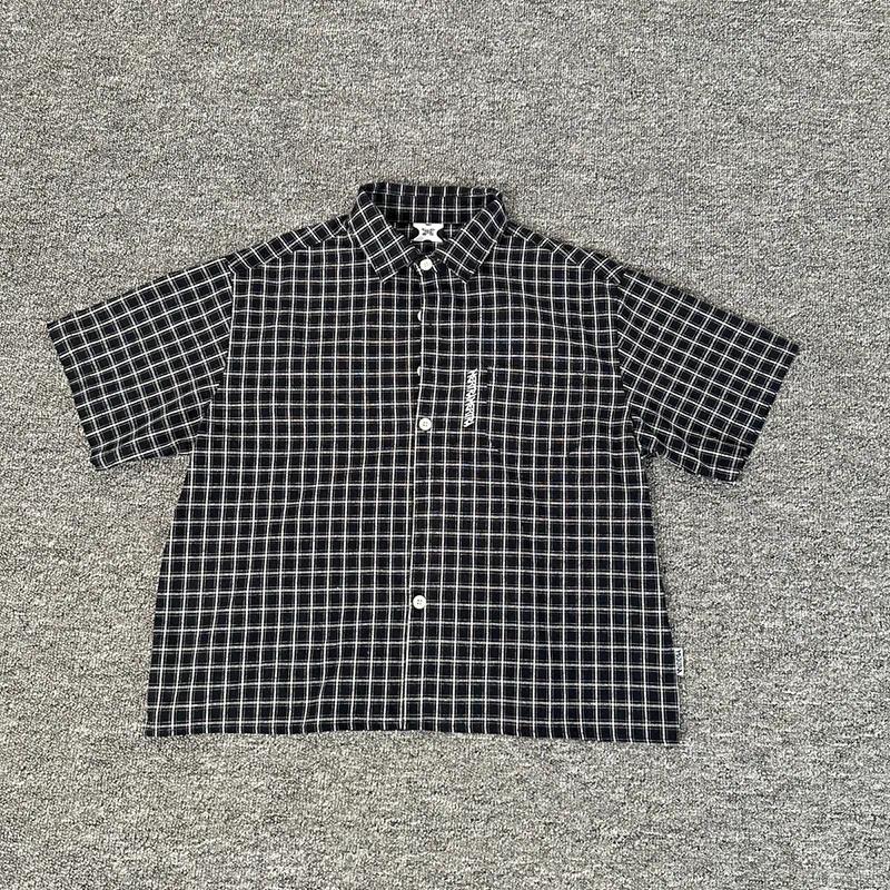 Men's Casual Shirts Front Embroidery Black Green Blue Plaid Men Women Summer Checkered Short Sleeve Shirt Streetwear Tee