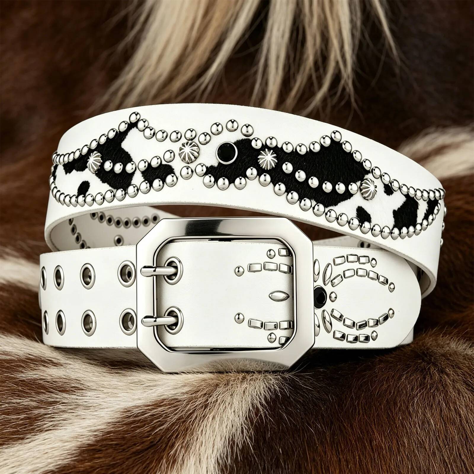 Man Mannahatta Western Rivet Y2K Leopard Zebra Cow Print Studded Rhinestone For Women Punk Cowboy Jean Decorative Belt 26L0707
