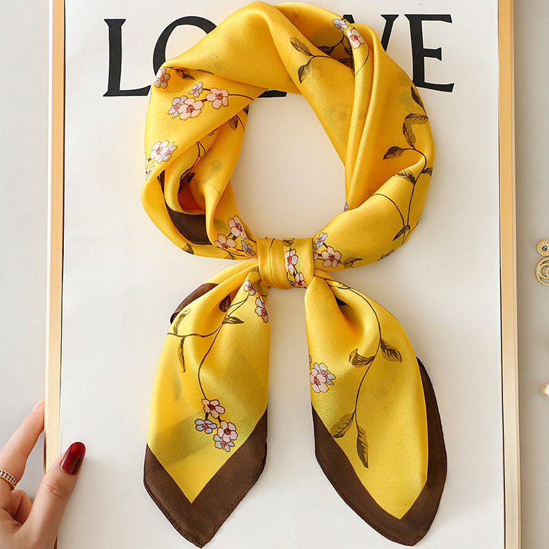 designer womens luxury yellow small square silk suitable for spring and autumn winter thin neck gauze scarf with shirt 70x70 cm