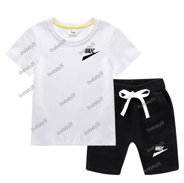 Summer Short sleeve Children's 100% Cotton White T-shirt Tops Shorts Fashion Letter Print Clothing Boys Girls Round neck Sets 2-13 Year-image-1070126573