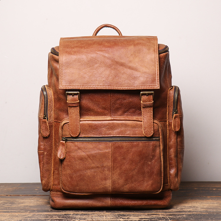 Zaino da esterno Borsa a tracolla doppia in pelle da uomo Borsa da viaggio per alpinismo in pelle smerigliata per computer da donna in pelle bovina