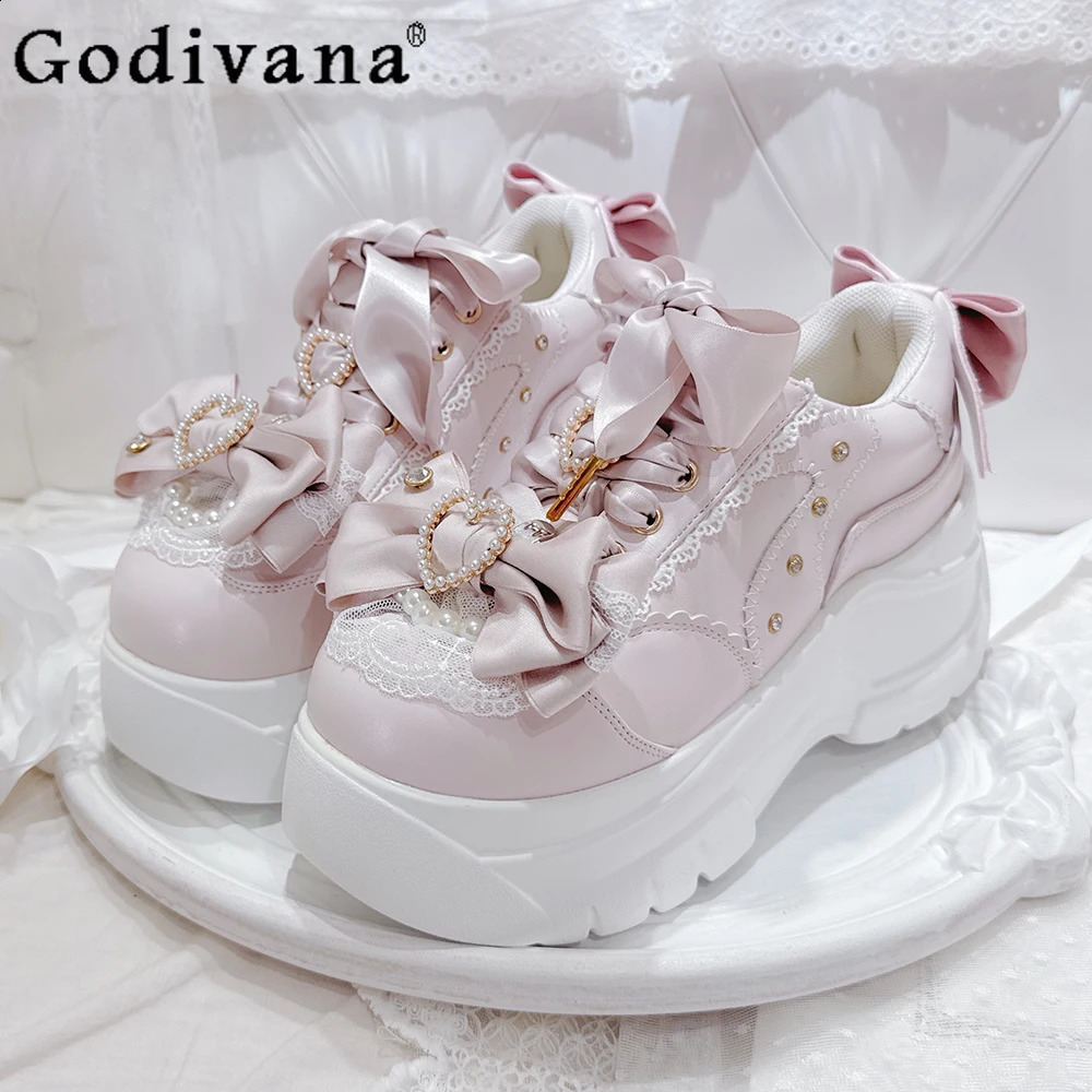 Original Mine Mass-Produced Pink Lolita Platform Shoes Spring and Autumn Girls Sweet Bow Lace-Up Waterproof High Heel Pumps 260707BJ