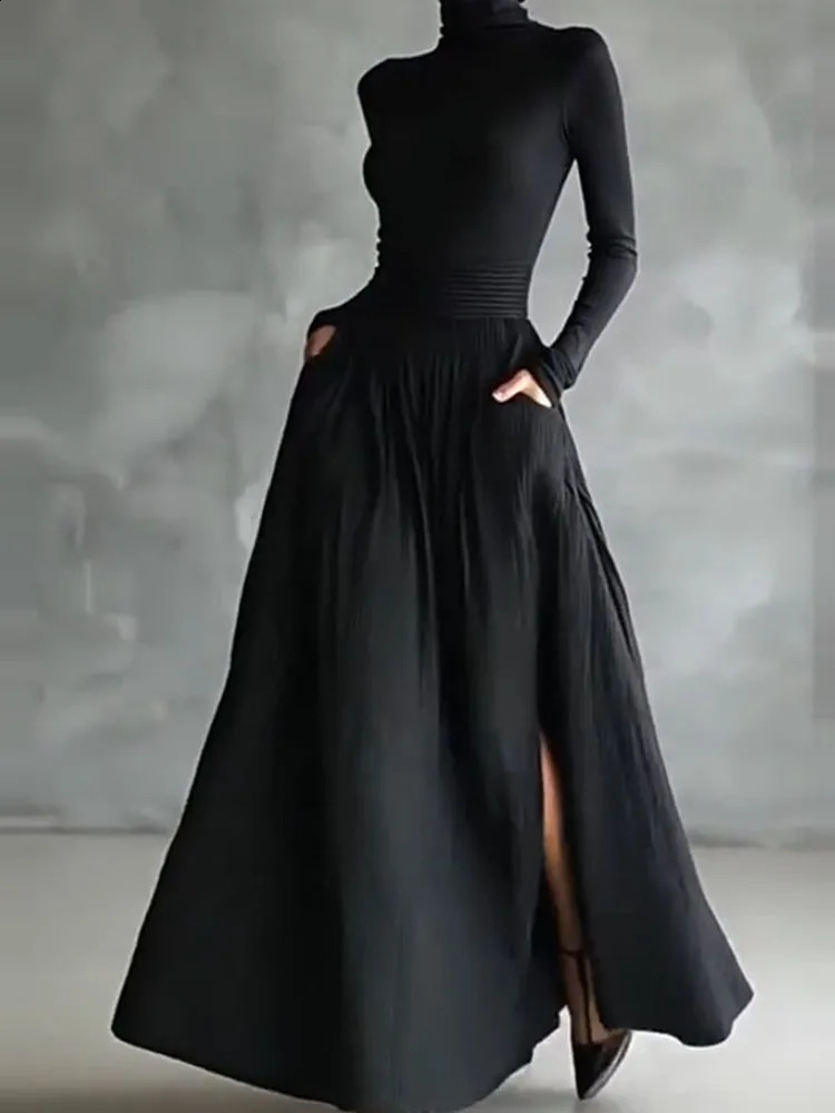 Elegant Turtleneck Pullover Long Skirt Set Women Casual Long Sleeve Pocket Solid Skirt Outfits Fashion Draped Slim 2Pc Suits 260707BJ