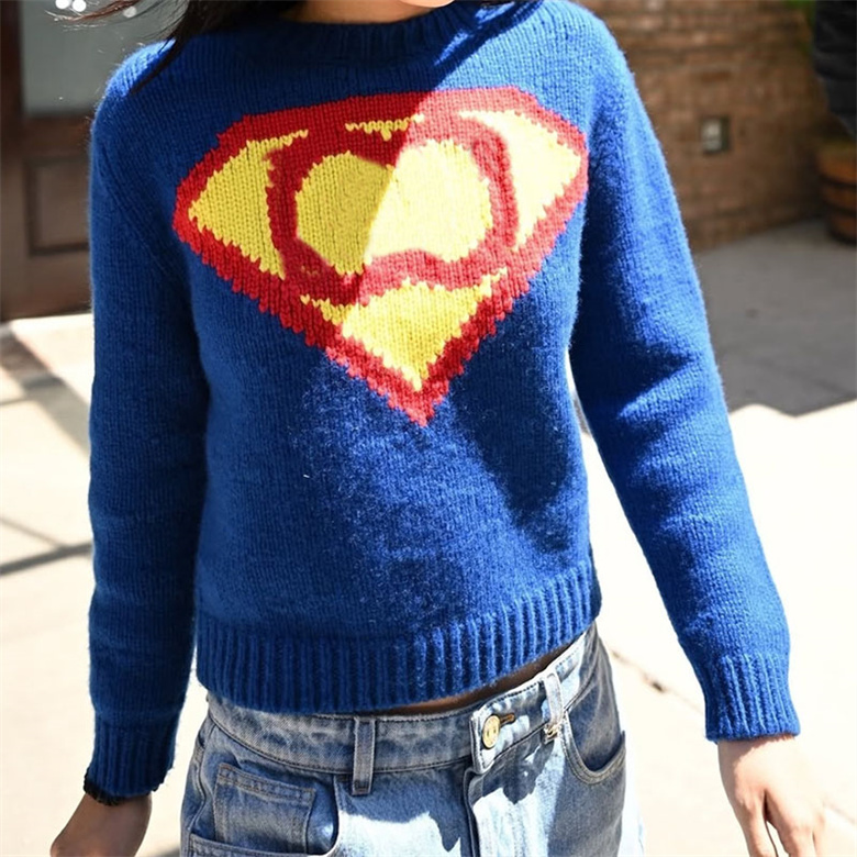 Designer Woman Street Style Knit Superman Sweater Long Sleeve Stylish Pullover Top Autumn Winter Warm Top