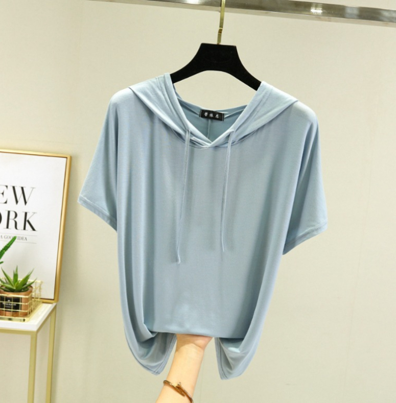 A586 Modal plus-size thin T-shirt for women summer solid color hooded short-sleeved sweatshirt-image-1113959322