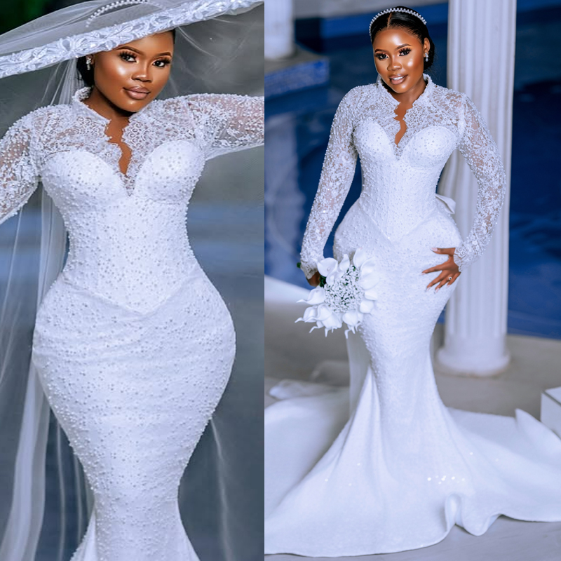 Plus Size White For Bride Mermaid Wedding Gowns High Neck Pleated Stylish Pearls Beaded Lace Rhinestones Bridal Dress D824 Youmaiwedding