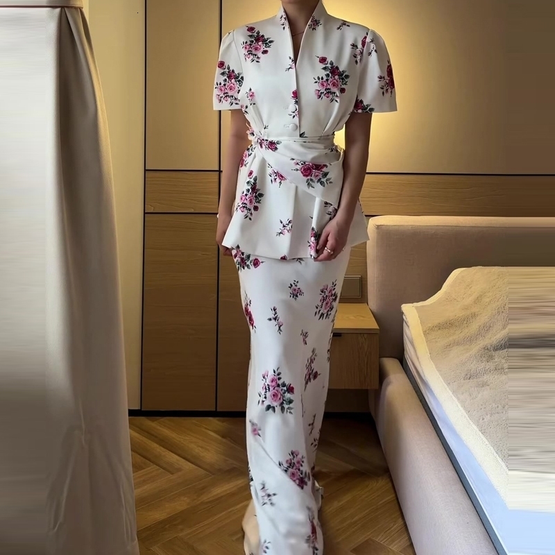Womens Fashion Printed Slim Long Skirt Outfits Casual Short Sleeve Summer Suits Elegant Vneck Button Top Mermaid Set y260626