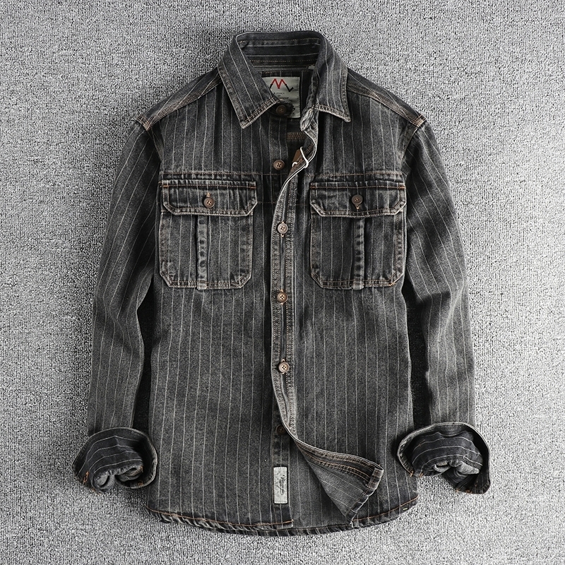 Heavy British retro black gray striped denim shirt for men autumn end single cargo pocket coat y260701banjia