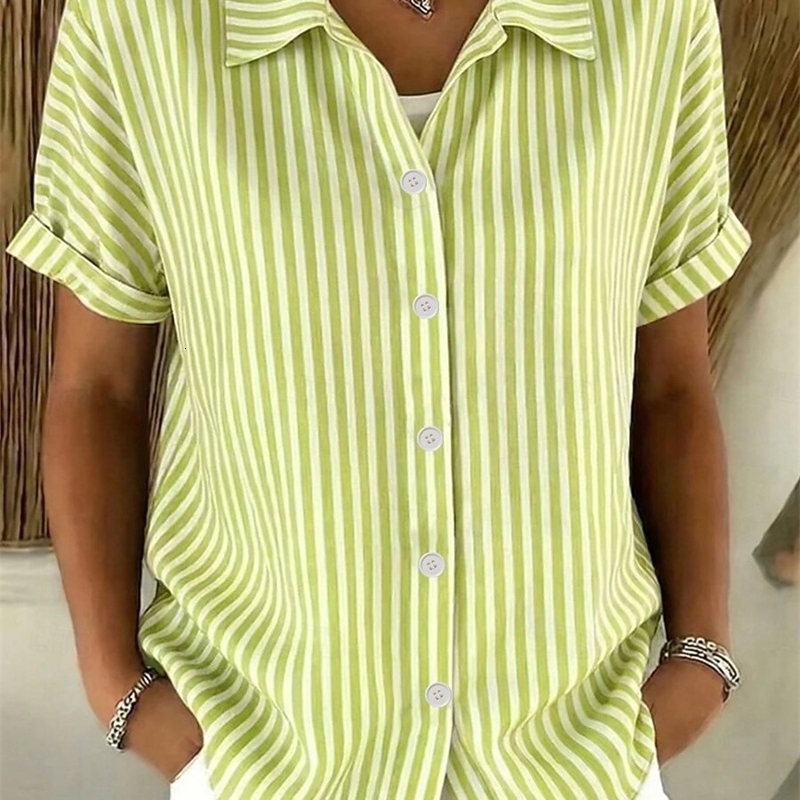 Camicia da donna vintage con stampa geometrica a righe con bottoni a maniche corte, colletto lungo, casual, quotidiano, elegante, da indossare per l