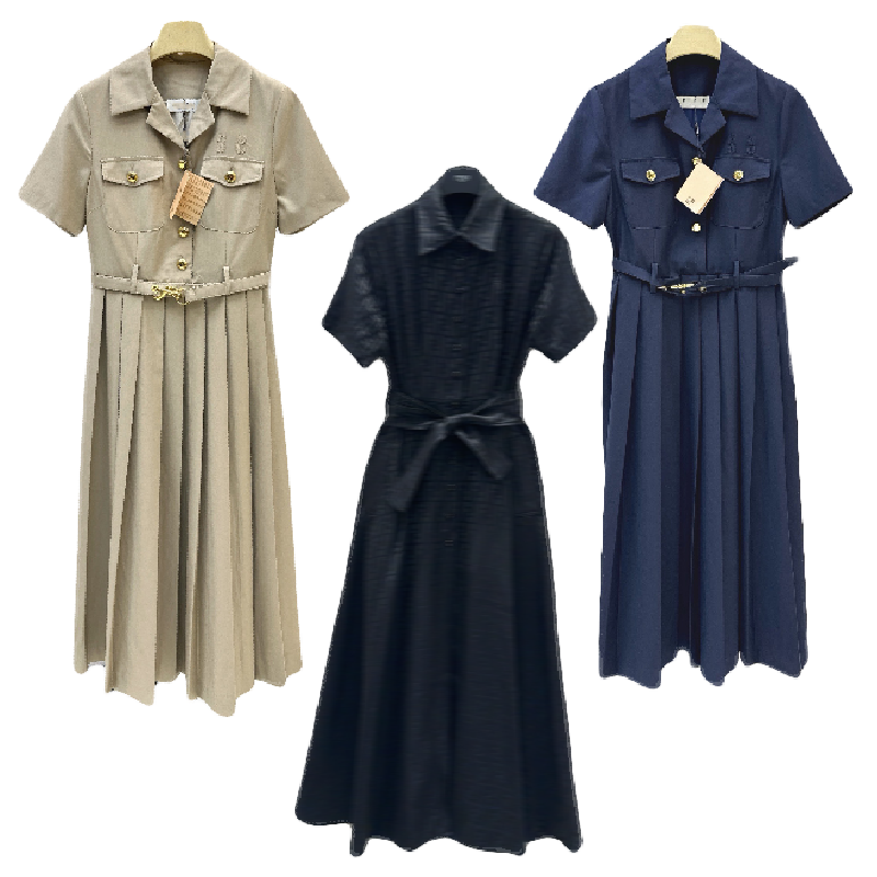 Women Casual Dress 2026 Summer Draped Tie Waist Lapel Short Sleeves Ayered Pleated Skirt Side Seam Pockets Adjustable Belt Midi For Both Commuter ev