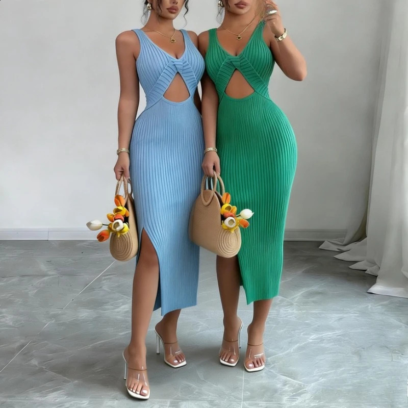 Green Twist Front Cutout Slit Midi Dress Womens Sleeveless Sundress V Neck Stretchy Ribbed Knit Party Clubwear Outfits 260707BJ