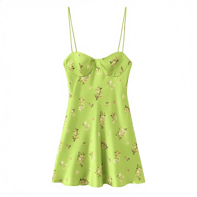 2026 Summer Womens Bright Green Floral Print Satin Slip Dress Spaghetti Strap Sexy Mini Party Beach Short Sundress 260707BJ