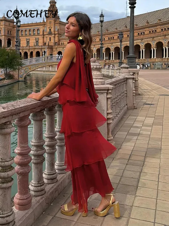 Elegant Cascading Ruffle Long Dress Women Ribbon Strapless Sleeveless Backless Solid Dresses 2026 Summer Lady Holiday Vestidoes 260707BJ