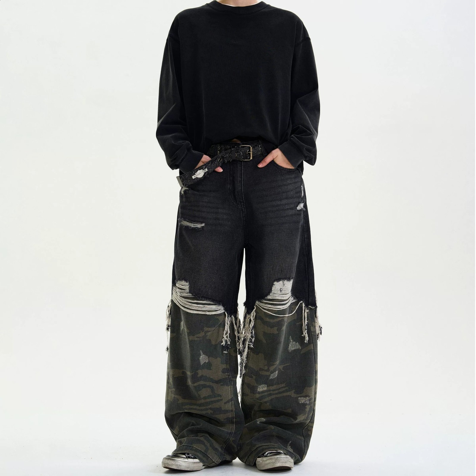 Men Jeans American Style Two Piece Camouflage Patchwork Jeans Unisex trousers High Street Trendy Casual Loose Wide Leg Pants Denim Pants