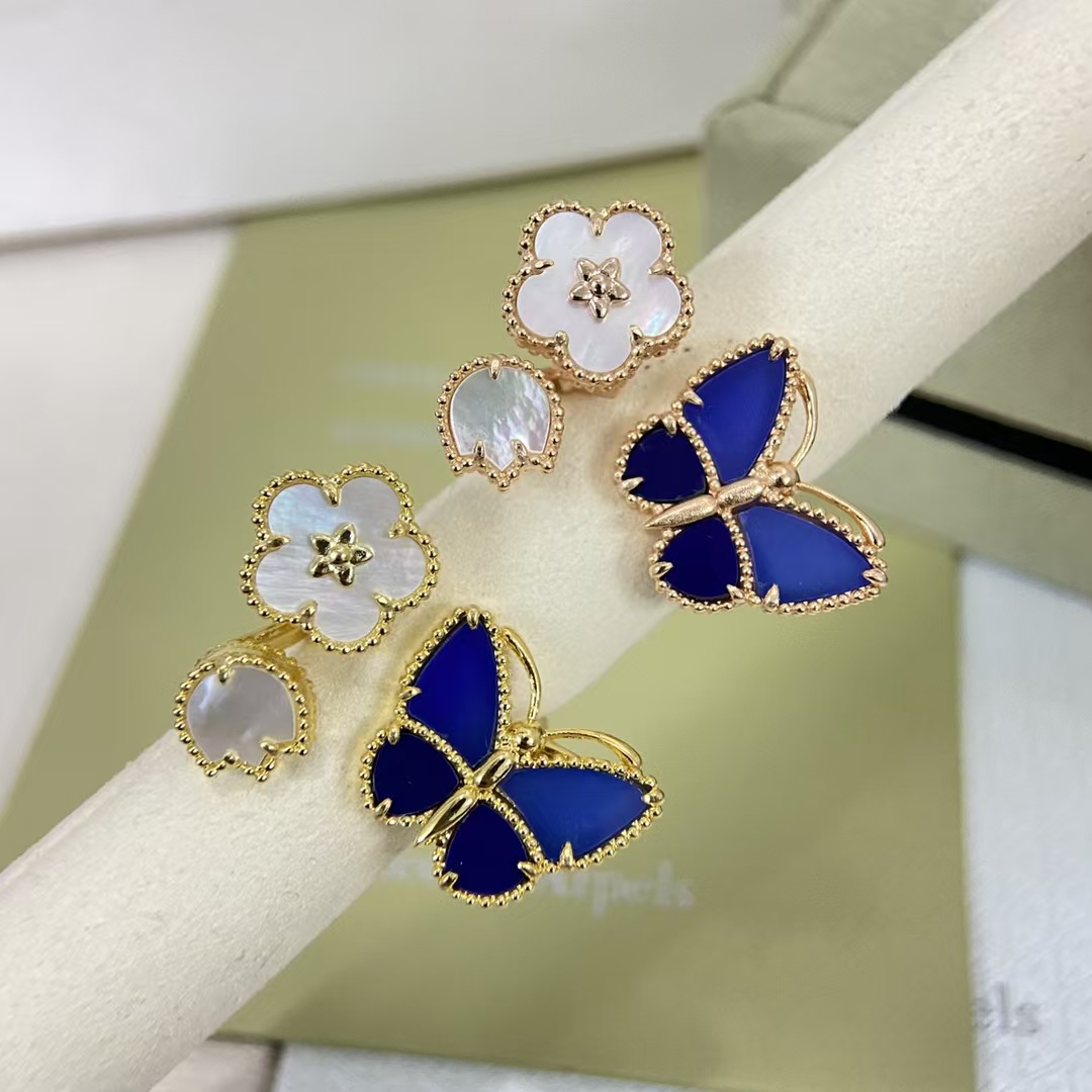 Bague de créateur Vanly Cleefy Bague papillon coccinelle porte-bonheur Fleur de prunier bleue Bague de fiançailles à cinq fleurs pour femmes Acce