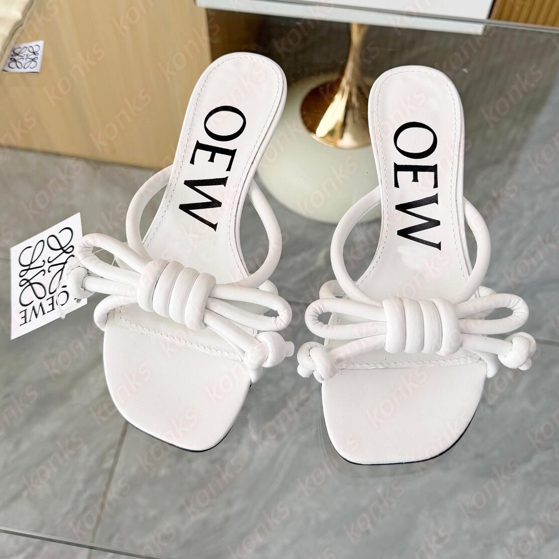 Flamenco Knot Sandal Designer Womens Kitten Heels Flip Flops Check Slides Summer Beach Luxury Canvas Heel High Leather Slippers Fall Mules Pumps Lad