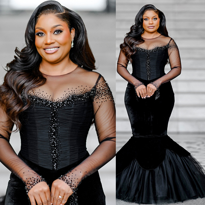 Plus Size Black Prom Dress Mermaid Evening Dresses Velvet Fo