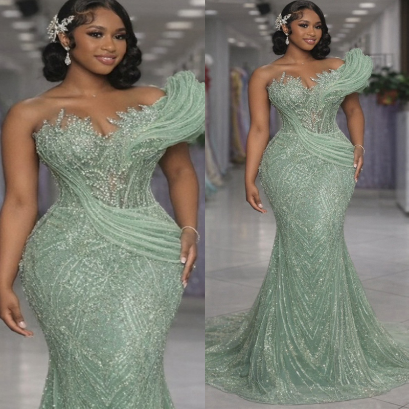 Aso Ebi Mint Prom Dress Mermaid Evening Dresses Illusion Prom Dresses One Shoulder Illusion Beaded Lace Crystals Birthday Second Reception Gown AM32