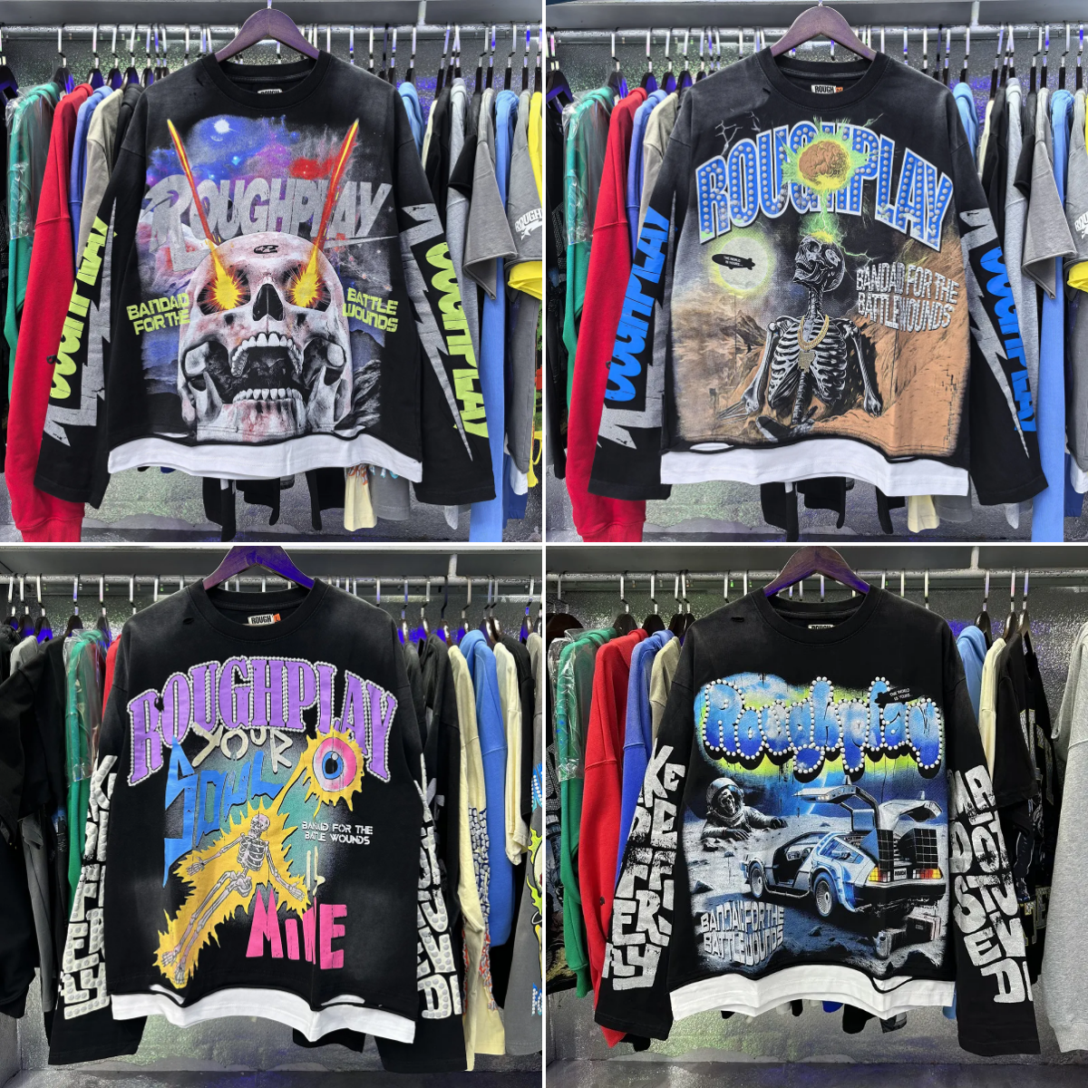 Men's Hoodie RoughPlay Skull Printed Cotton Washed High quality Short sleeved Shirts With Holes Dark Hip hop Rock style For Men And Women Size